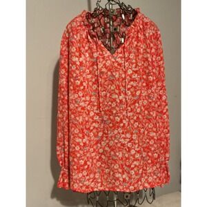 Violet + Claire Orange Floral Ruffle Neck Tie Blouse Smocked Cuff Top Large